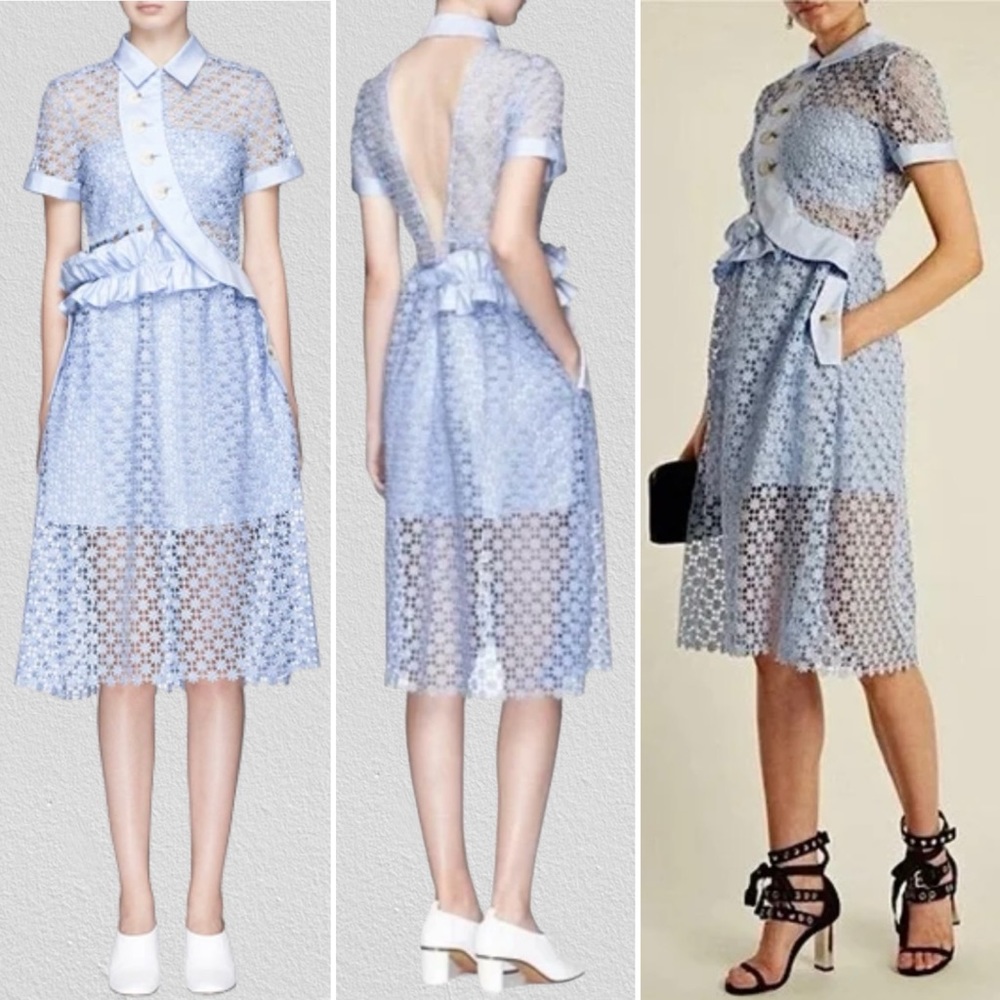 NWT SELF-PORTRAIT Daisy Button Midi Dress Baby Blue Size 4